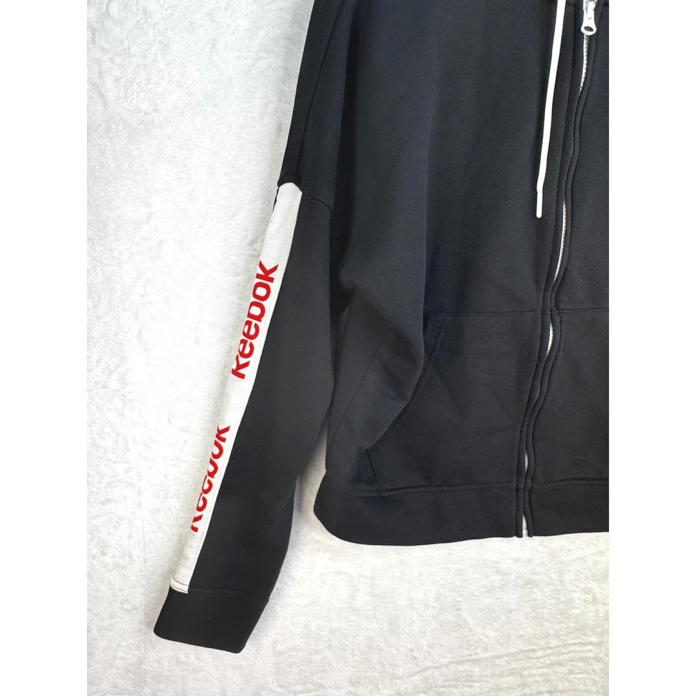 Reebok Womens Full Zip Hoodie Black Logo Side Stripe Drop Shoulder Medium M - Picture 4 of 7